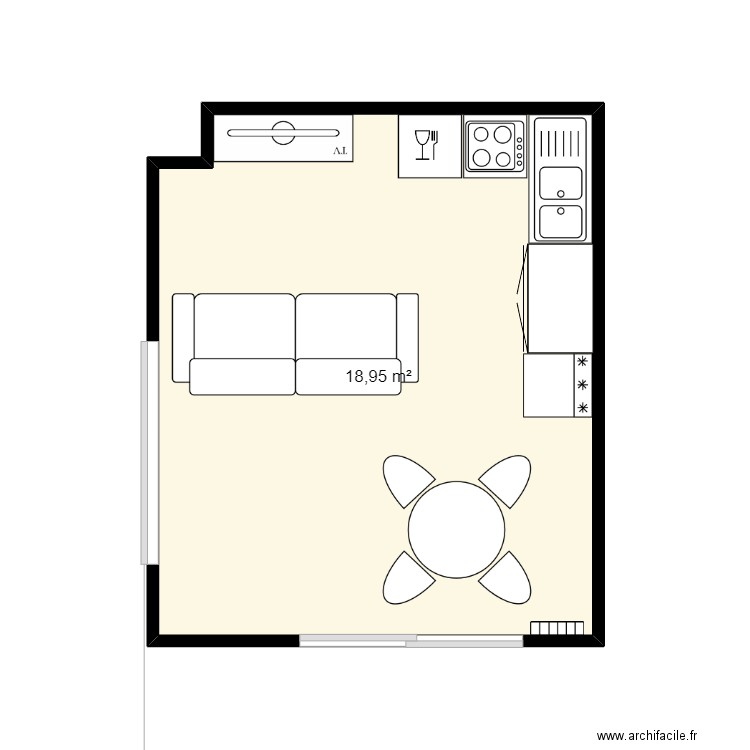 appart 1: salle à manger, cuisine. Plan de 1 pièce et 19 m2