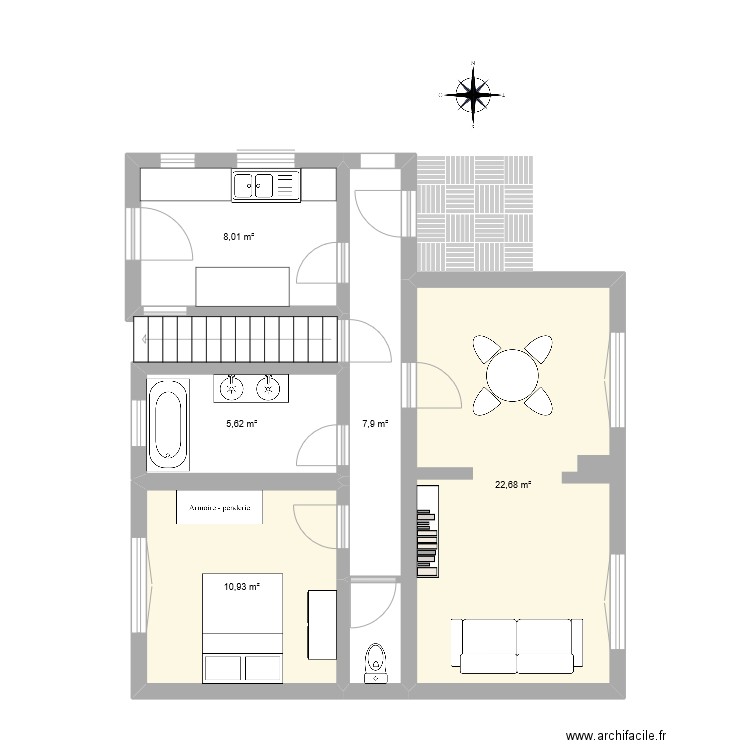 RDC maison. Plan de 5 pièces et 55 m2