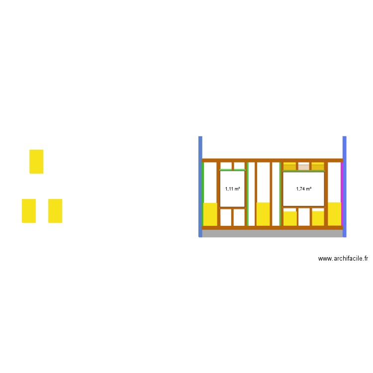 Mur avant droit. Plan de 2 pièces et 3 m2