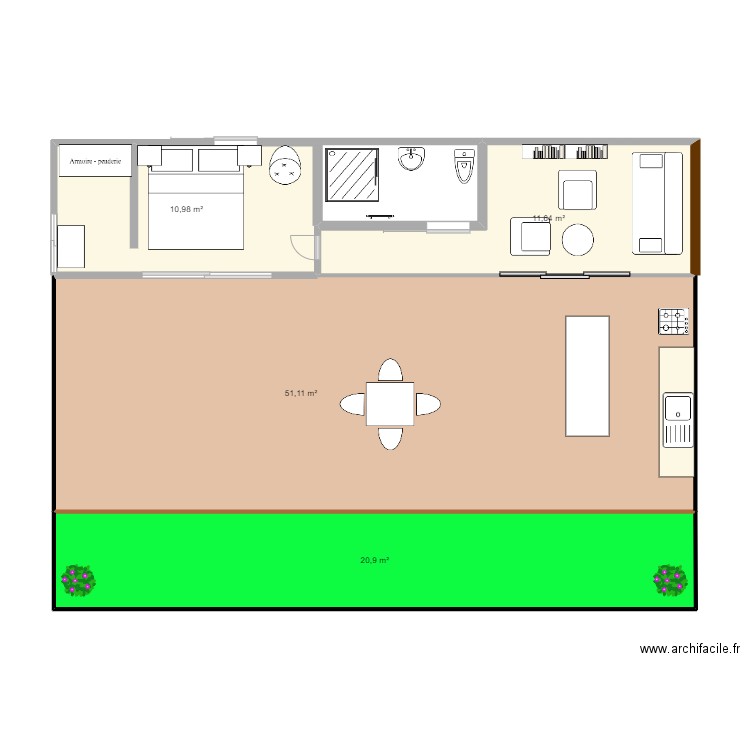 plan aménagement container Indies 2. Plan de 4 pièces et 95 m2