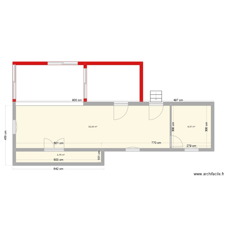 por. Plan de 3 pièces et 46 m2