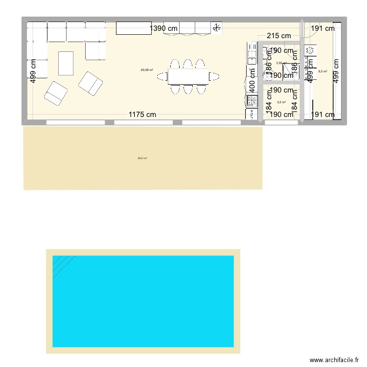 Pool house. Plan de 4 pièces et 77 m2