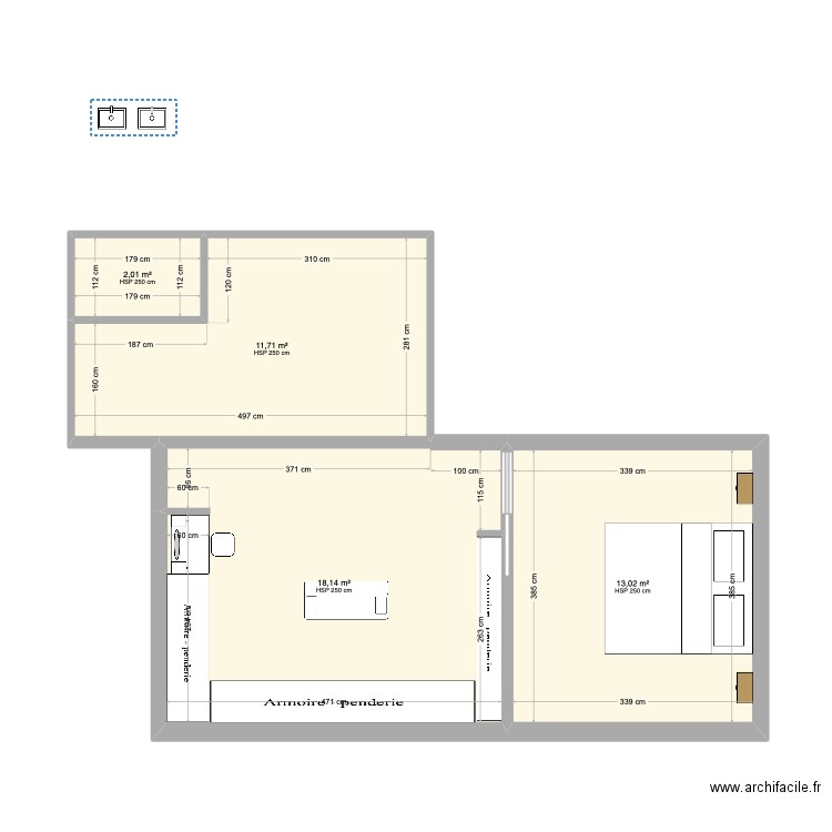 Chambre. Plan de 4 pièces et 45 m2