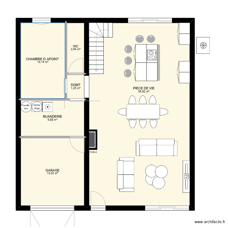 RDC MAS. Plan de 6 pièces et 90 m2