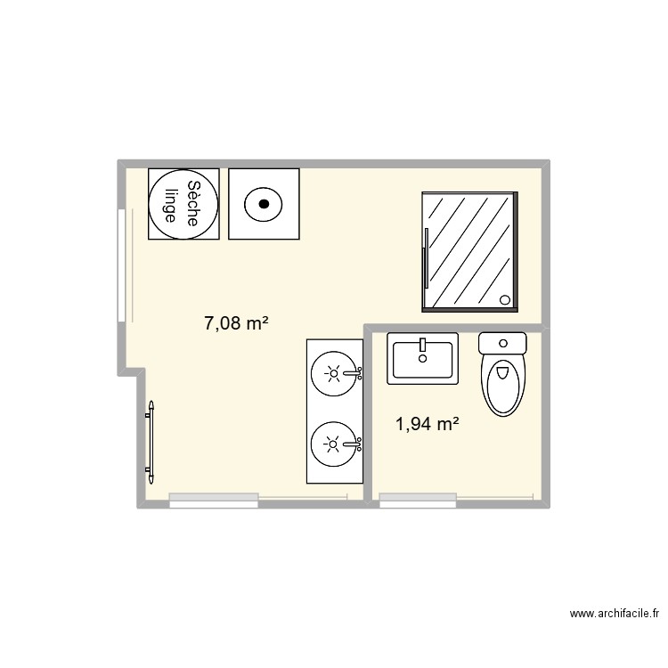 SDB. Plan de 2 pièces et 9 m2