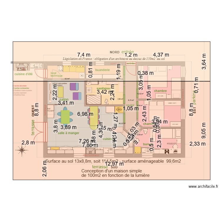 Maison Sud 100m2 11. Plan de 7 pièces et 94 m2