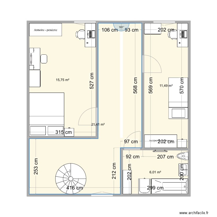 Étage avec poutre. Plan de 4 pièces et 55 m2