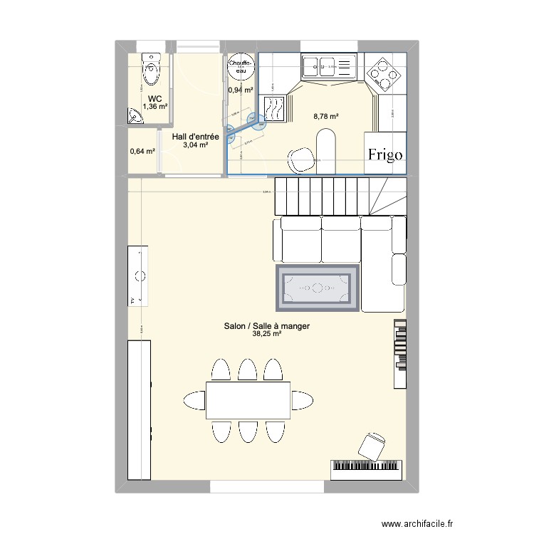 REZ DE JARDIN. Plan de 6 pièces et 53 m2