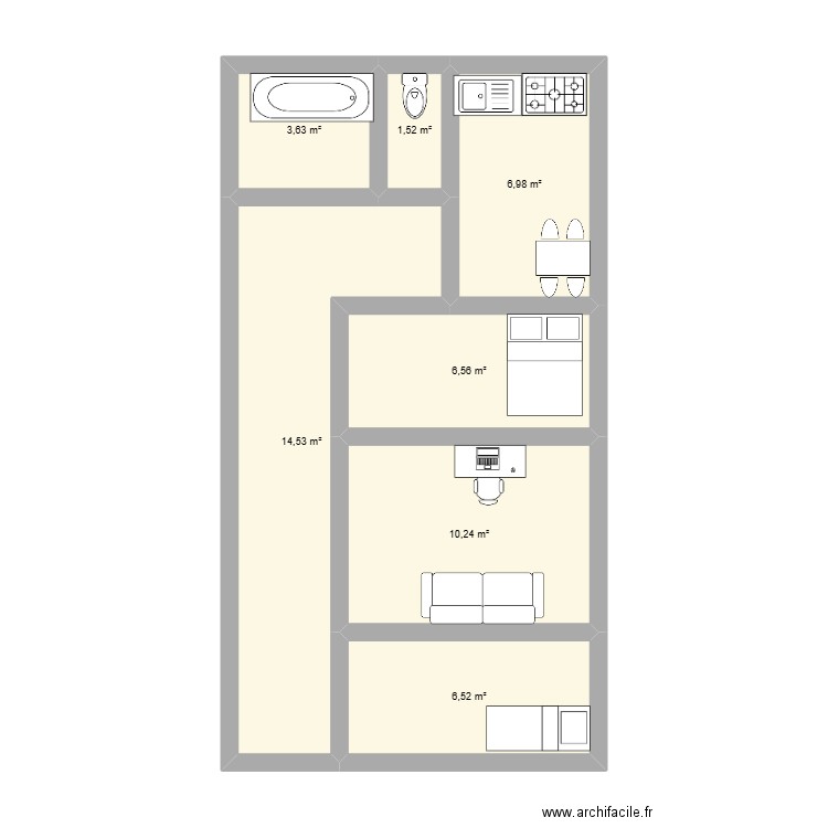 Kat et moi. Plan de 7 pièces et 50 m2