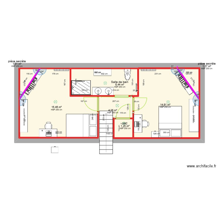 1 er etage maison avec pièces secrète. Plan de 7 pièces et 44 m2