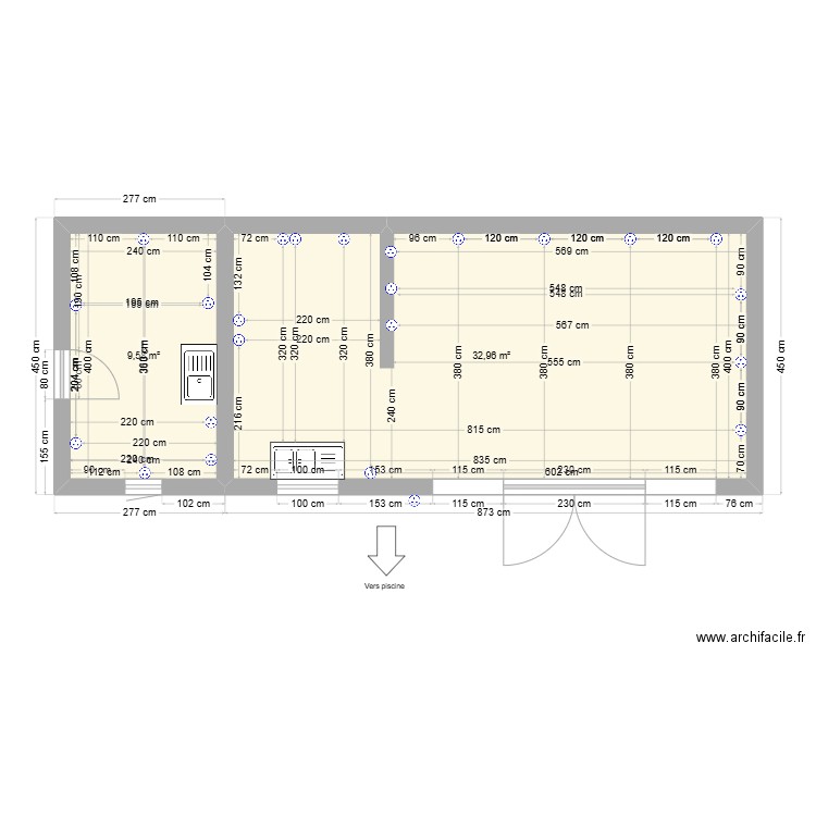 Salle à manger cuisine buanderie Essaouira. Plan de 2 pièces et 43 m2