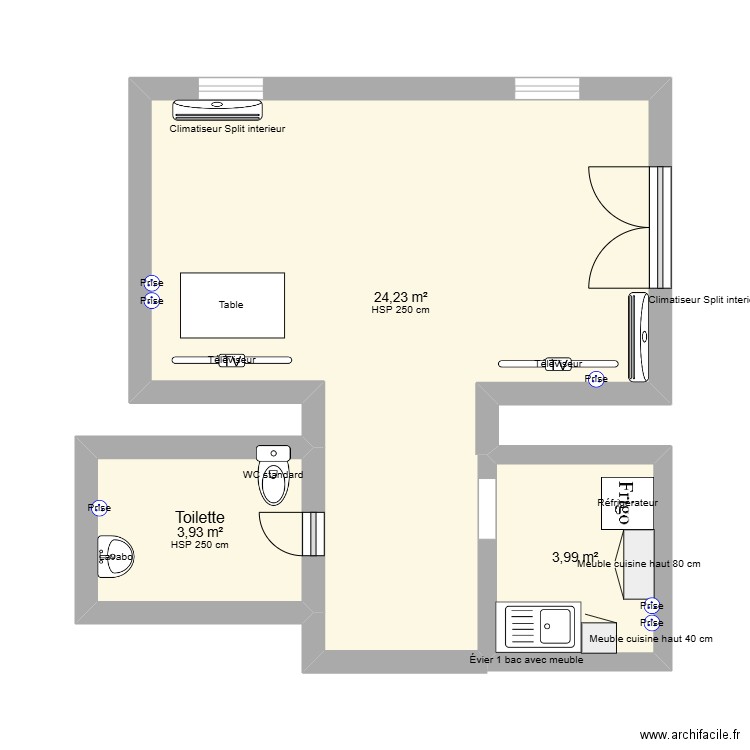 Plan de l'ancienne salle de cérémonie Vassart. Plan de 3 pièces et 32 m2