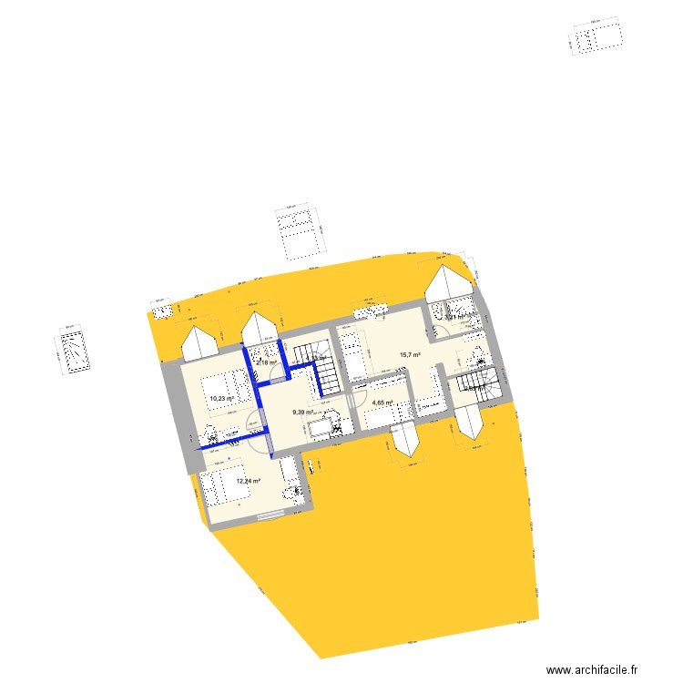 PRIEUX intérieur 1ER studio et trois chambres bis. Plan de 9 pièces et 65 m2