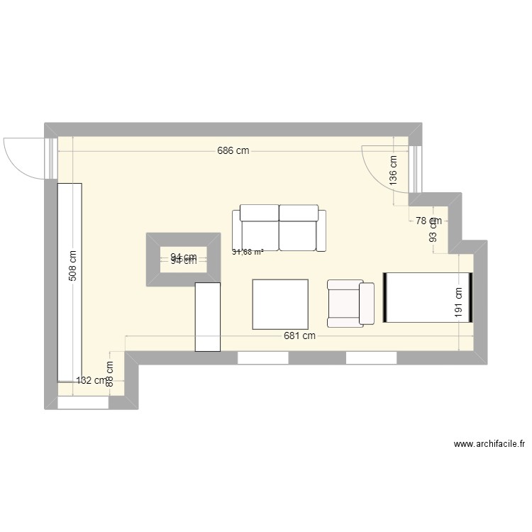 Appartement Feutrier. Plan de 2 pièces et 34 m2