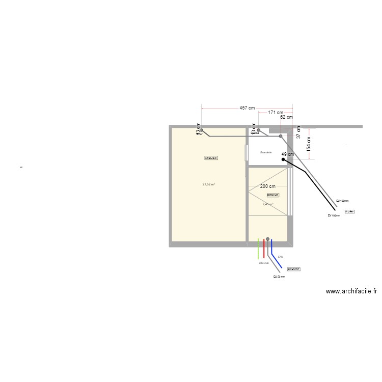 implantations abri de jardin /atelier. Plan de 2 pièces et 29 m2