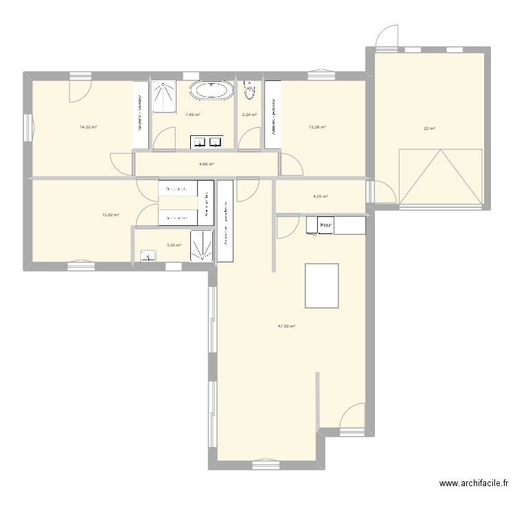 Plain-pied. Plan de 10 pièces et 134 m2