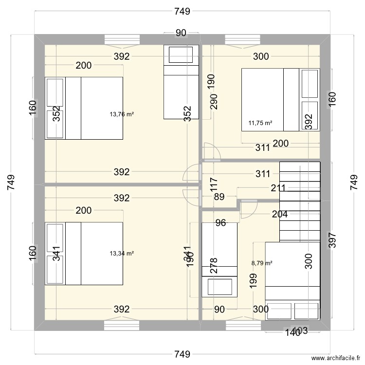 Etage bourglastic. Plan de 4 pièces et 48 m2