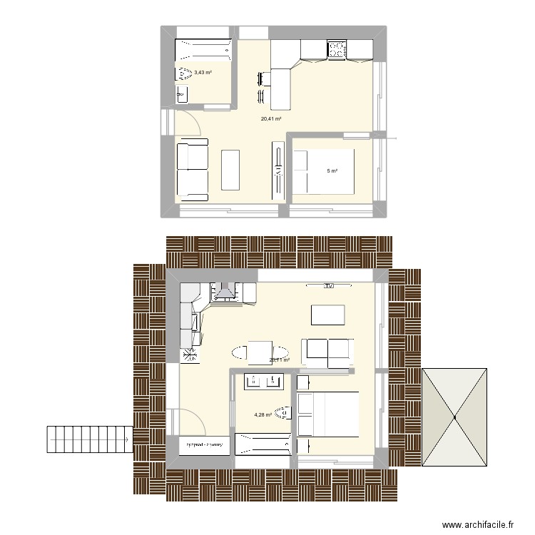 Studio 30m2. Plan de 5 pièces et 59 m2