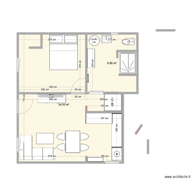 App2. Plan de 2 pièces et 44 m2