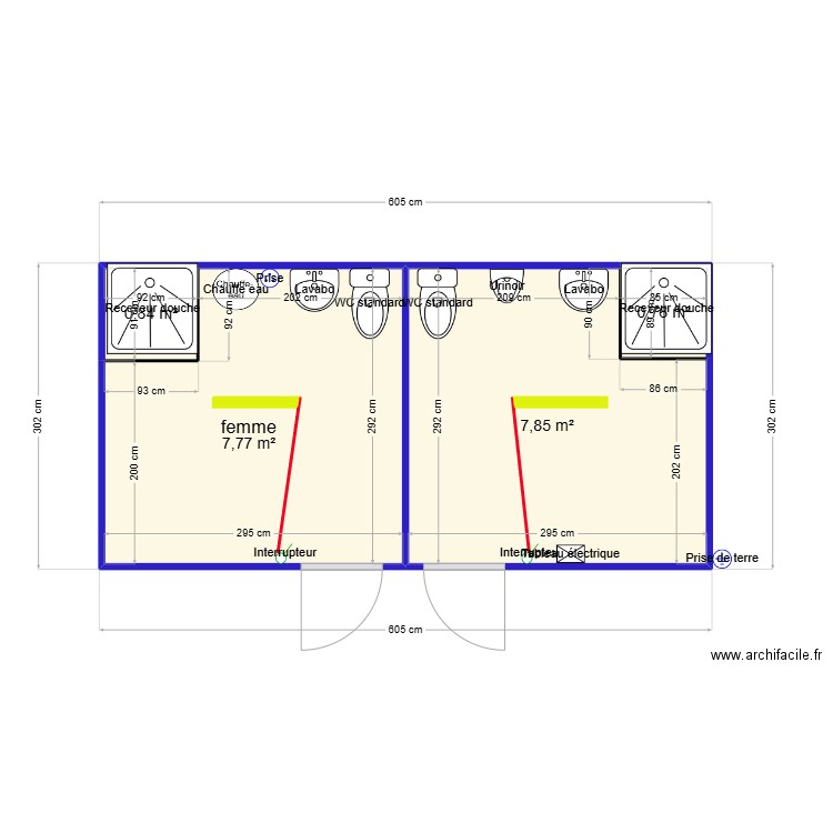 SANITAIRE F/H. Plan de 4 pièces et 17 m2