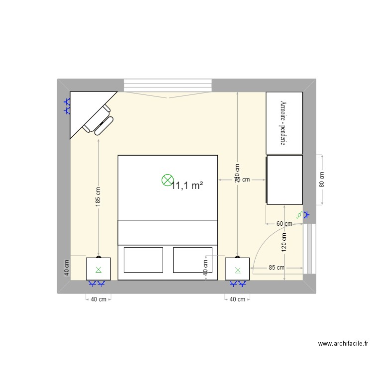 Chambre ami 1. Plan de 1 pièce et 11 m2