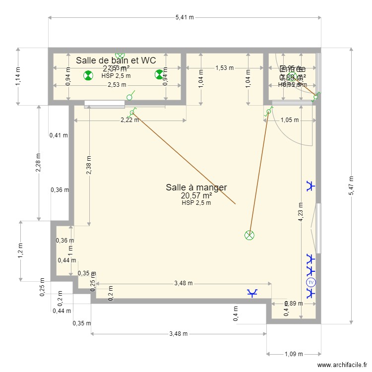 studio gambetta. Plan de 3 pièces et 24 m2