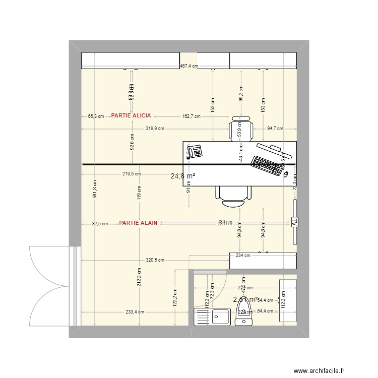 NOUVEAU BUREAU. Plan de 2 pièces et 27 m2