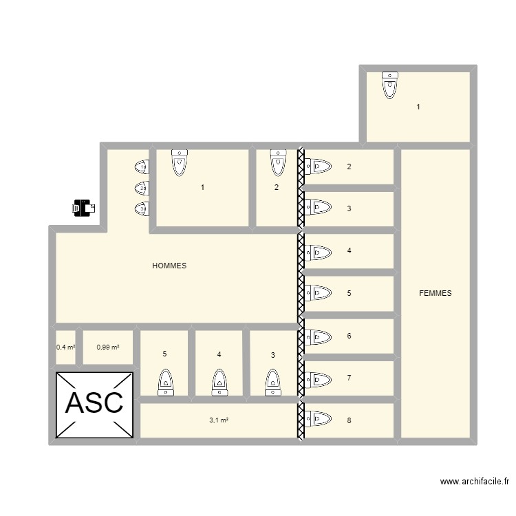 WC 2ème Etg CJA. Plan de 19 pièces et 60 m2