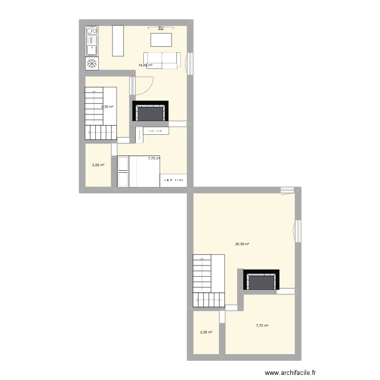 1er etage. Plan de 7 pièces et 60 m2