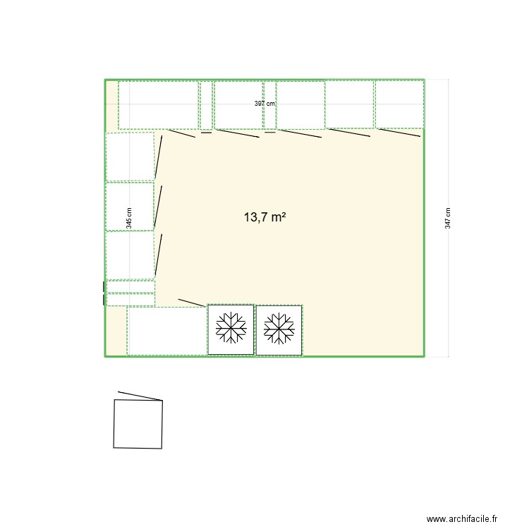 Evelyne. Plan de 1 pièce et 14 m2