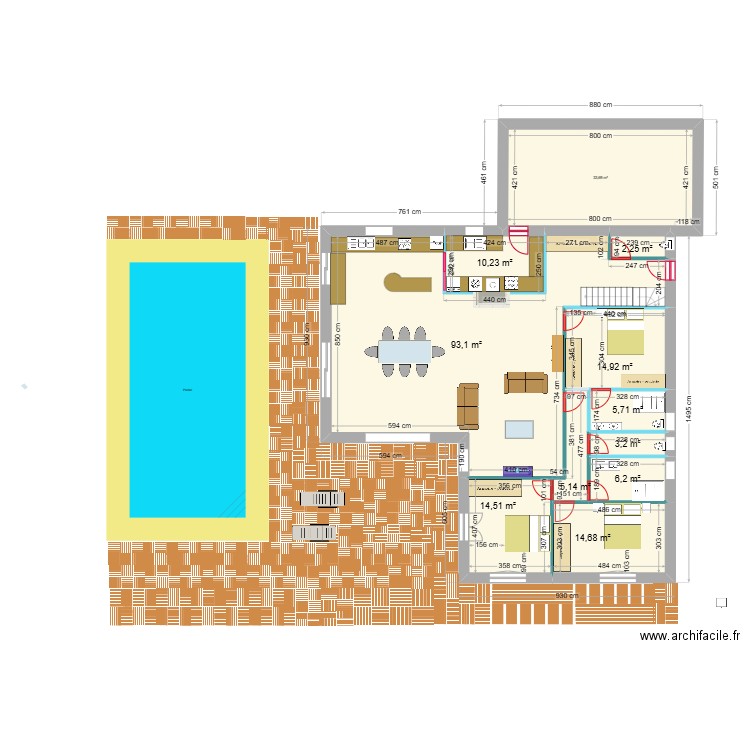 PLAN 169.91m² V .3 Chambres cui .Coté piscine. Plan de 17 pièces et 373 m2