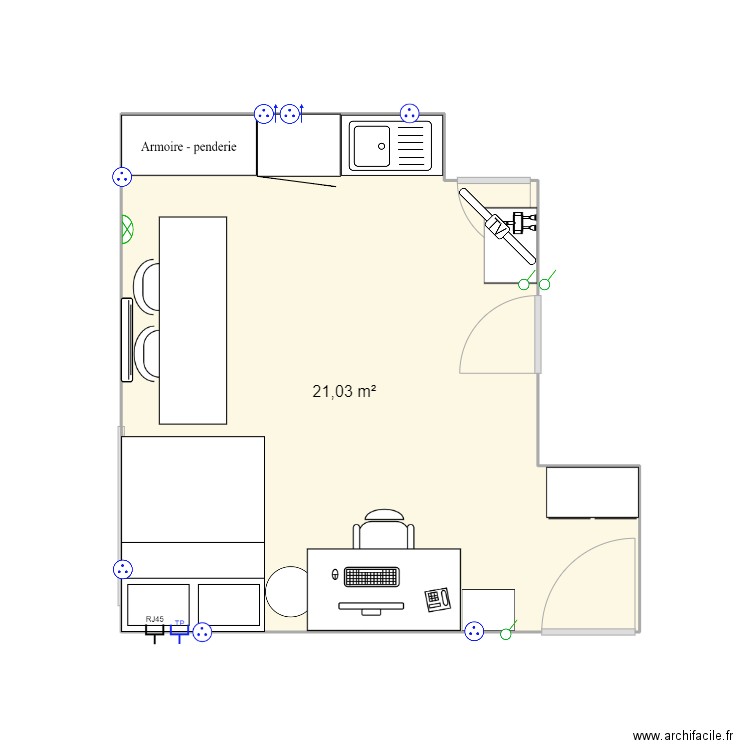 Appartement V1. Plan de 1 pièce et 21 m2