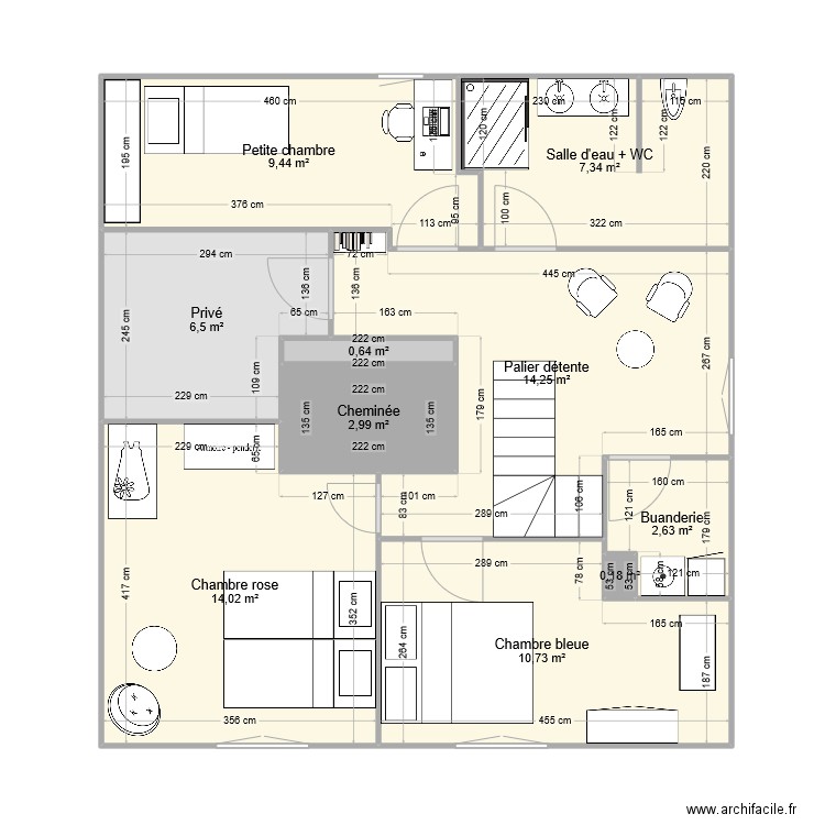 Etage. Plan de 10 pièces et 69 m2