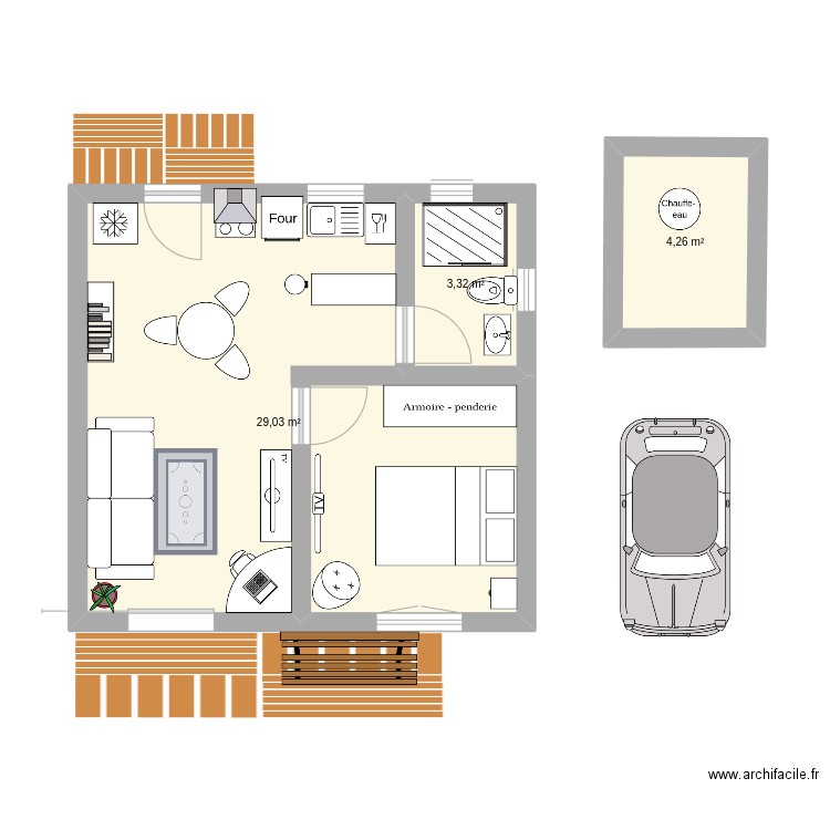 Extension chb coté voiture. Plan de 3 pièces et 37 m2