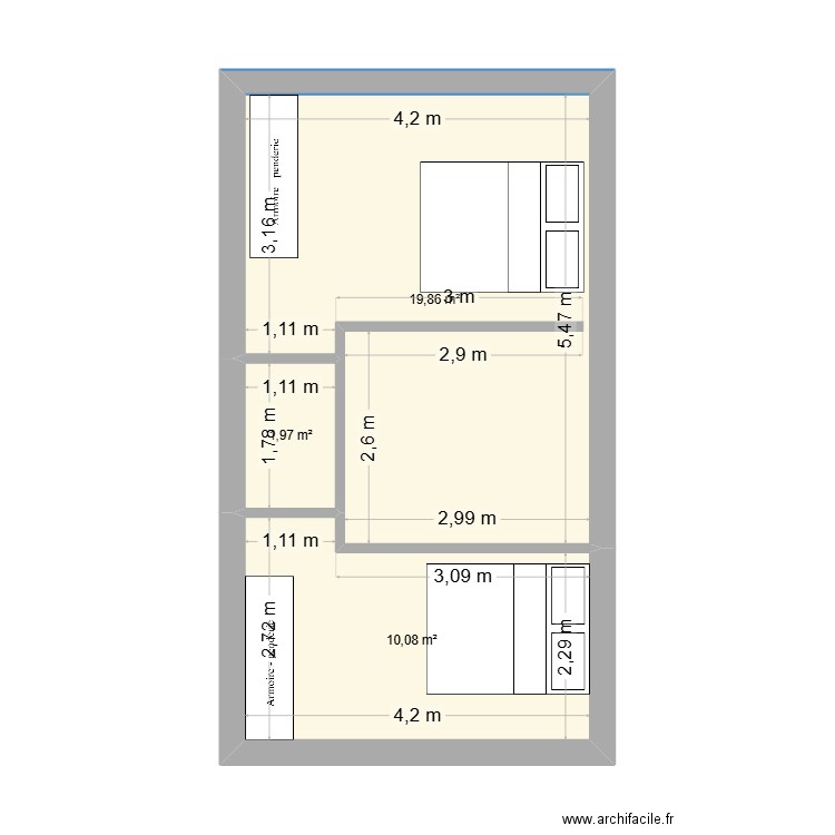 parpaing. Plan de 3 pièces et 32 m2