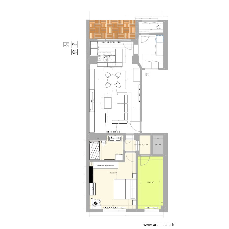 aménagement 2éme arrière et avant. Plan de 5 pièces et 40 m2