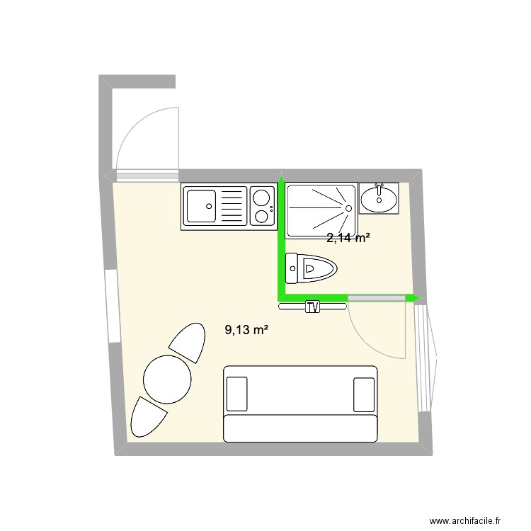 sdb wissem. Plan de 2 pièces et 11 m2