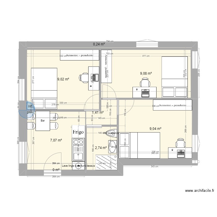 3 chambres 40m2. Plan de 8 pièces et 39 m2