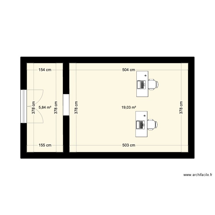 bureau. Plan de 2 pièces et 25 m2