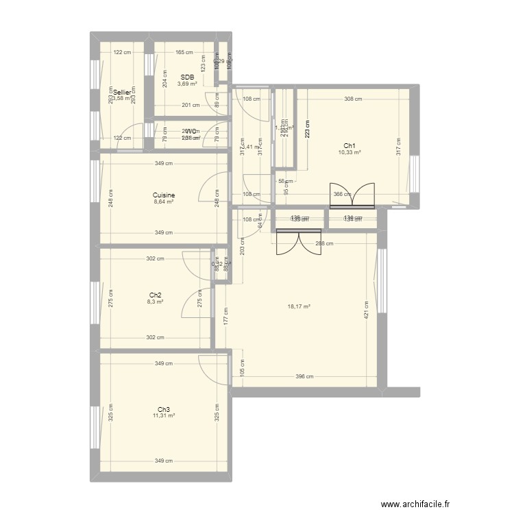 Vitry 1. Plan de 14 pièces et 72 m2