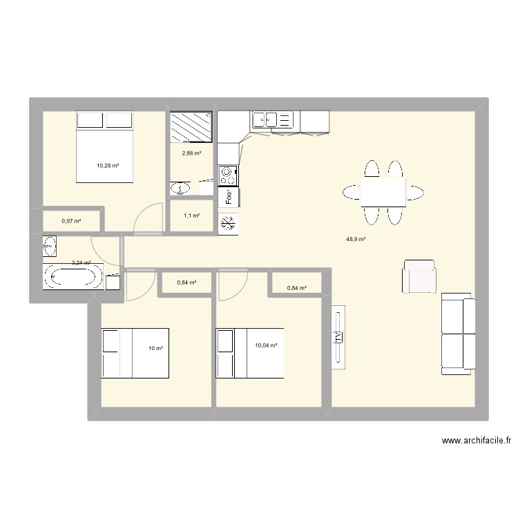 3 ch +2 sdb. Plan de 10 pièces et 89 m2