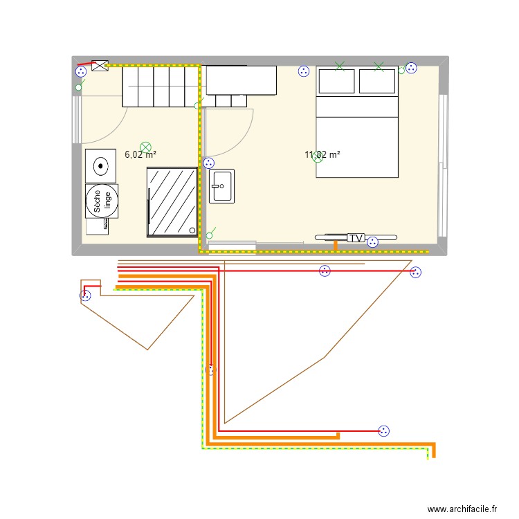 Chambre + buanderie. Plan de 2 pièces et 18 m2