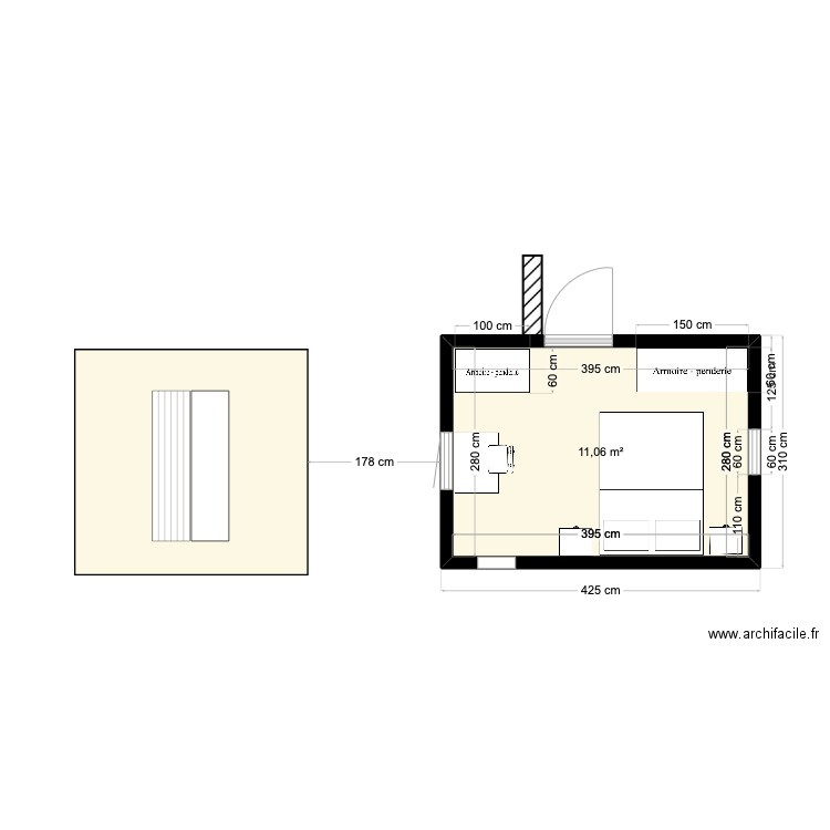 facade jardin sans porte. Plan de 1 pièce et 11 m2