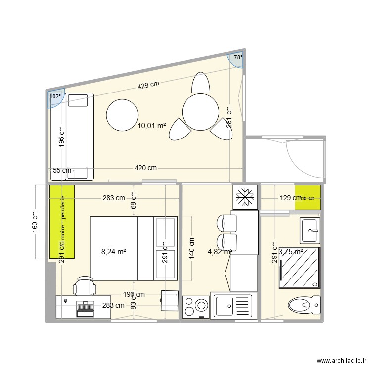 Plan Rénovation Charles avec Isolation + 7 cm. Plan de 4 pièces et 27 m2