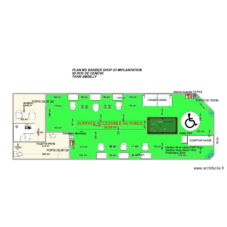 PLAN MS BARBER SHOP 23 IMPLANTATION. Plan de 3 pièces et 74 m2