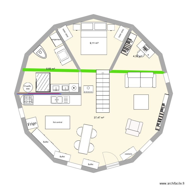 yourte 3. Plan de 4 pièces et 60 m2