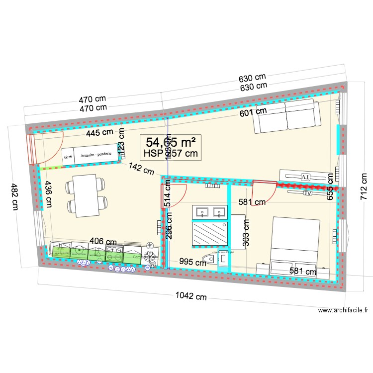 appartement mouja wc dans salle de bain. Plan de 1 pièce et 55 m2