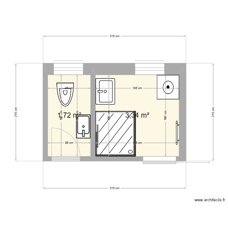 Salle de bain et WC Hauterive. Plan de 2 pièces et 5 m2