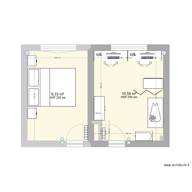 REAMENAGEMENT CHAMBRE 1 ET 2. Plan de 2 pièces et 20 m2