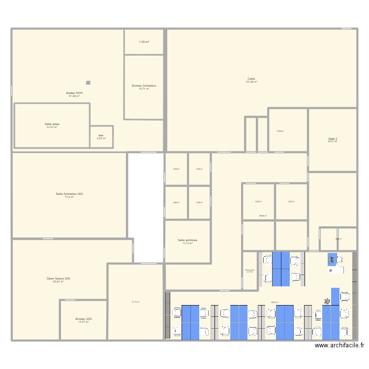 Open space réalise actuel au 23.01. Plan de 23 pièces et 773 m2